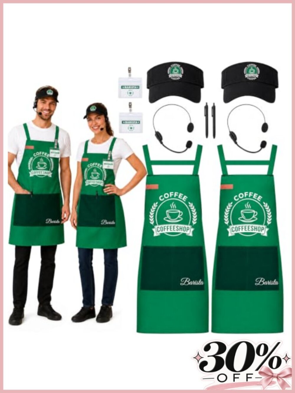 2-Person Barista Costume Set Polyester Aprons Visors Adult Halloween Coffee